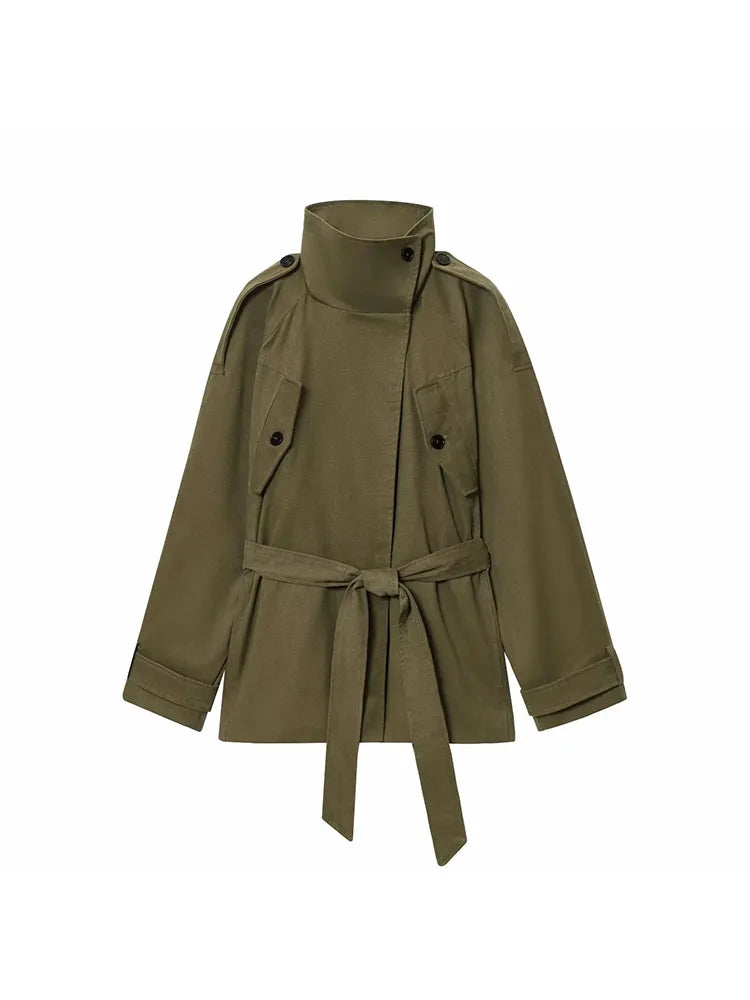 Women's 2025 Autumn New Trench Coat Style Army Green Long Sleeve Cotton Belt Decorative Trench Coat Casual Versatile jacket