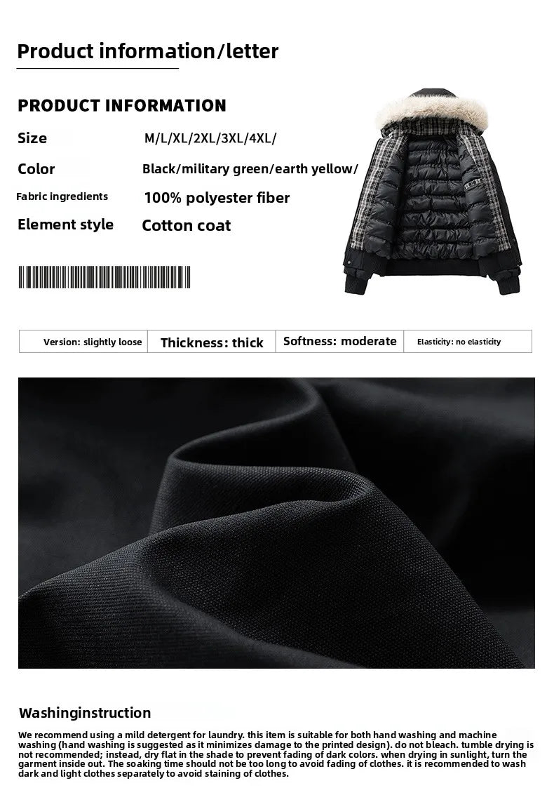 Men's Winter Jacket Woolen Collar Cotton-padded Jacket Outdoor Thickened Hooded Jacket Casual and Windproof Jacket for Teenagers