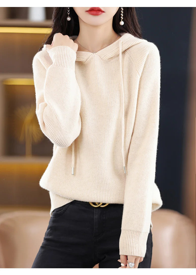 2023 New Cashmere hooded sweater Women Long Sleeve Autumn and Winter Knit hooded Pullover Solid Color Cashmere Base