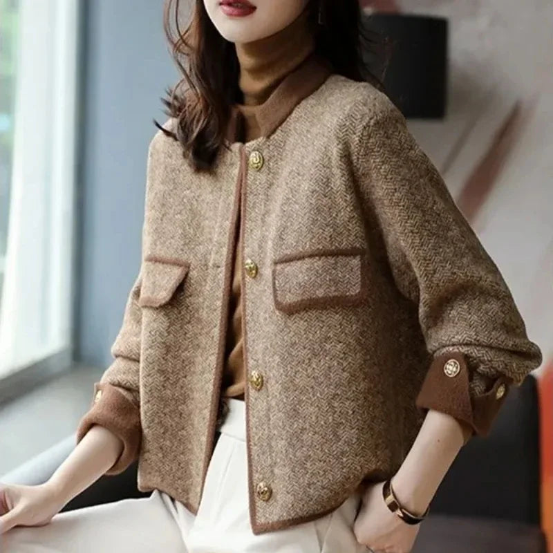 Knitting Wool Blend Coat for Women New In Round Neck Mixtures Jacket Woman Fashion 2025 High Quality Medium Elegant Hot Autumn