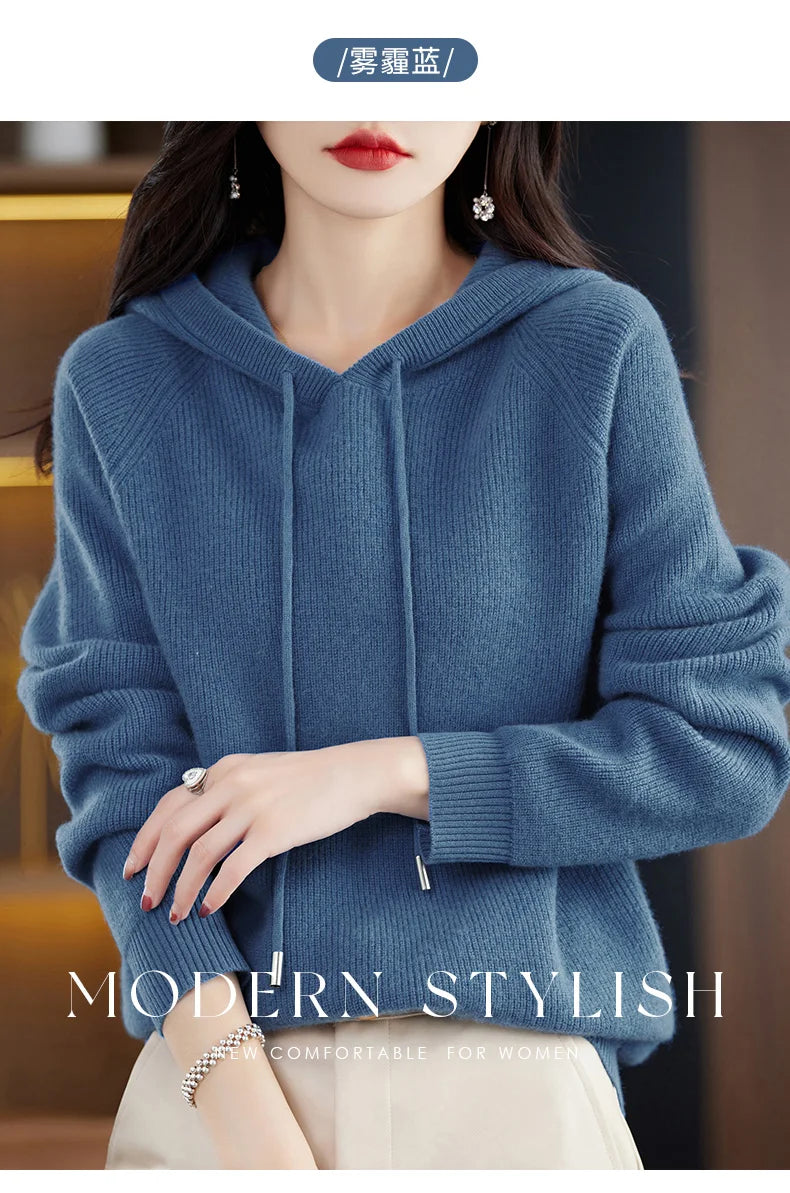 2023 New Cashmere hooded sweater Women Long Sleeve Autumn and Winter Knit hooded Pullover Solid Color Cashmere Base