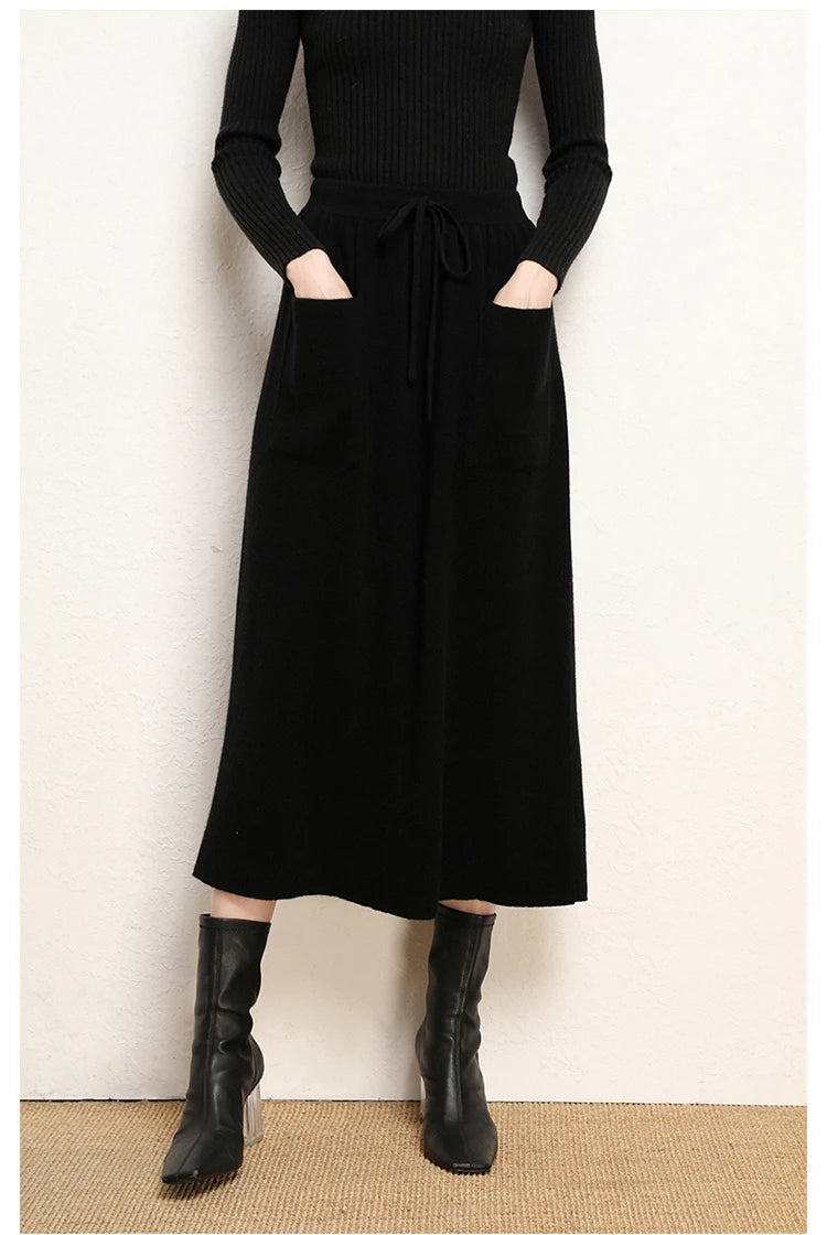 Cashmere Skirt Knitted Skirt Half Skirt, Double Pocket A-Line Skirt Skirts Plus Size Women Long Elegant Dress Women Clothing