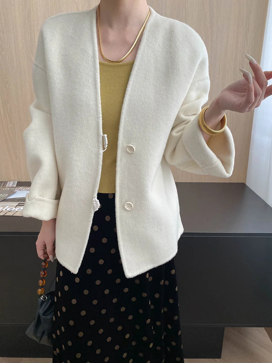 Winter women's casual solid color V-neck double-sided woolen coat jacket