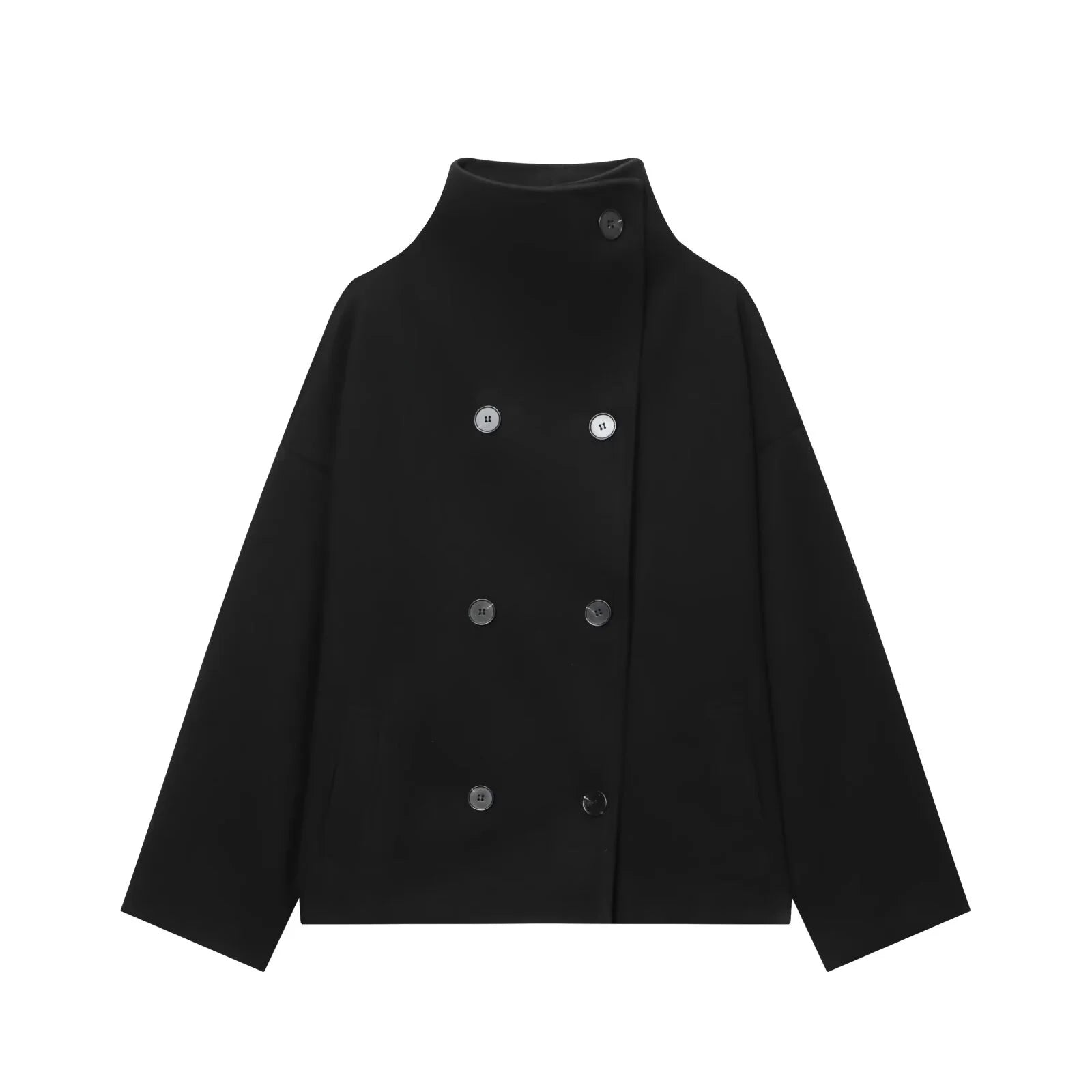 2025 Winter New Women's Casual Fashionable Simple Versatile High-Neck Long-Sleeved Double-Breasted Loose Wool Coat