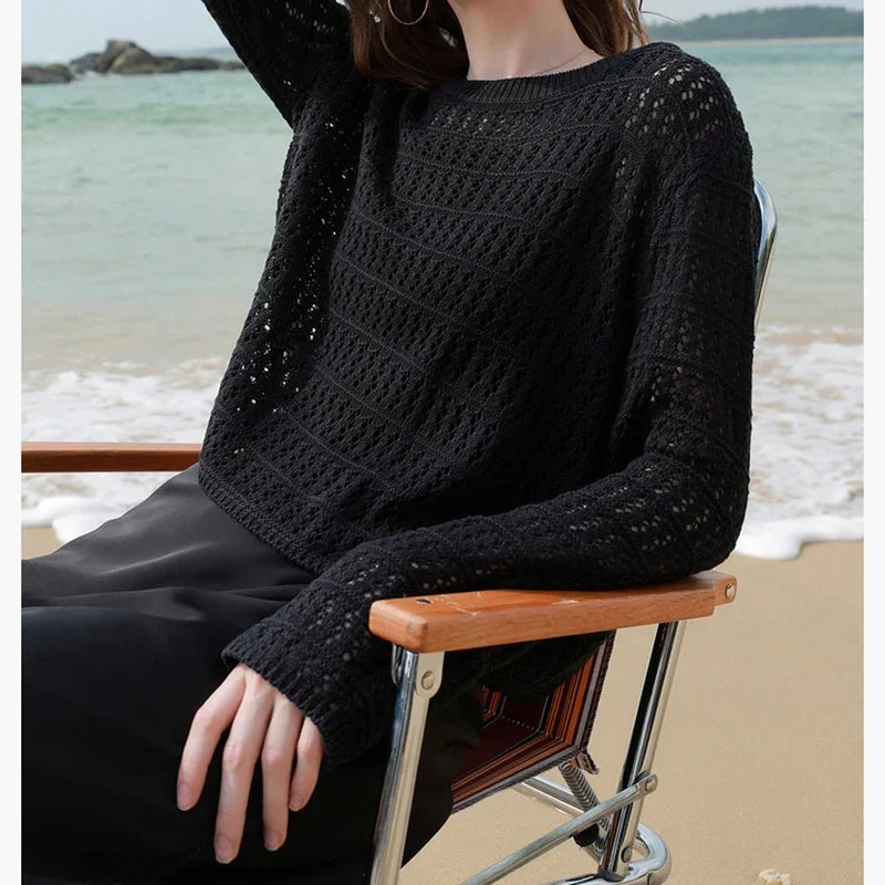 ITOOLIN Summer Women Long Sleeve Loose Casual Top Hollow Out Sexy Knit Shirt Beach Solid Y2k Pullovers Streetwear T-shirt 2024