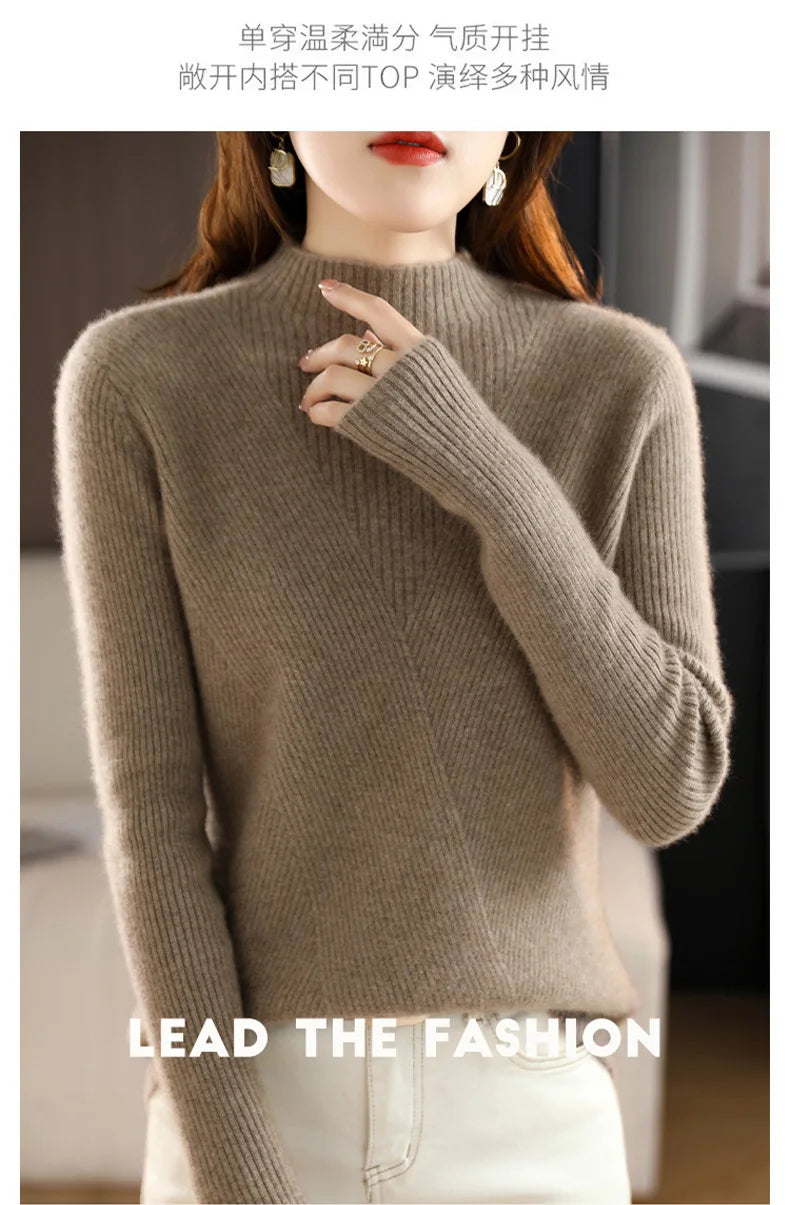 Cashmere Sweater Women Pure Color Half high collar Casual Long-sleeved Loose Pullover Cashmere Sweater Women's