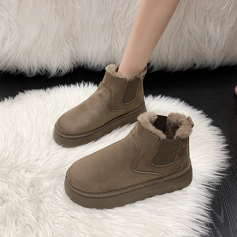 Winter Women Short Plush Warm Snow Boots Casual Shoes New Suede Fur Chelsea Ankle Boots Flats Platform Ladies Shoes Botas Mujer