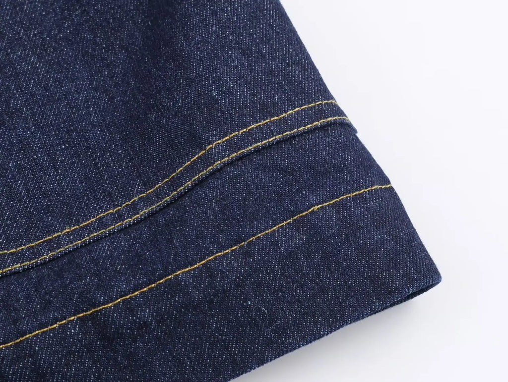 2025 New Women's Fashion Cinched Waist Denim Short Trench Coat Navy Blue Stand Collar Long Sleeve Elegant Ladies' Fashion Appare