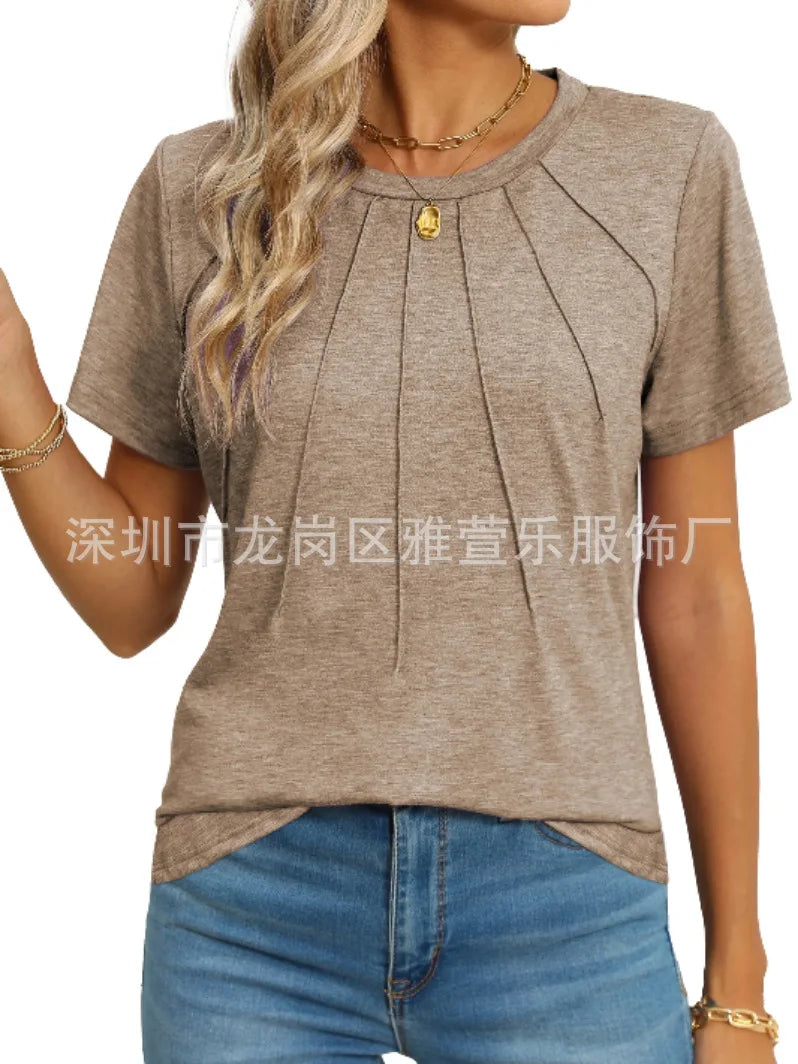 Women's Clothing European American T-shirt Tops Tees spring summer women's round neck pleated short sleeved solid color T-Shirts