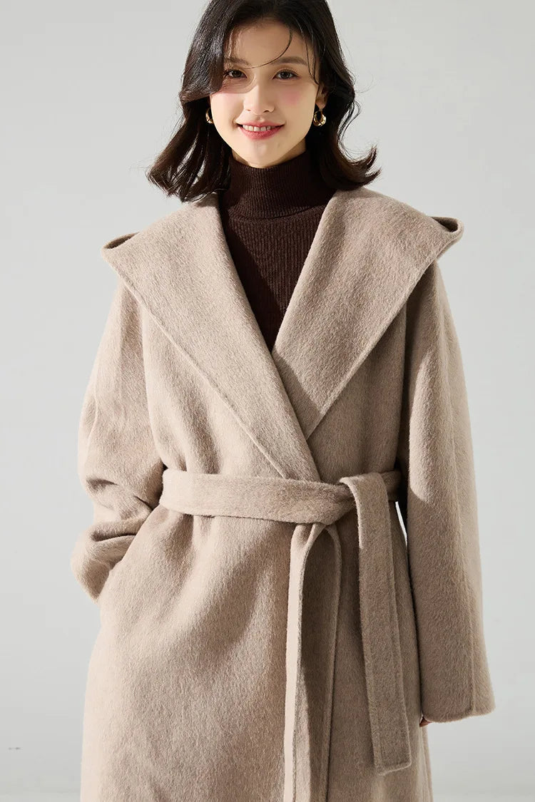 Office Lady Cashmere Woolen Jackets 2024 Autumn And Winter High-Grade Hooded Bathrobe Style Loose Lace-Up Long Women Wool Coats