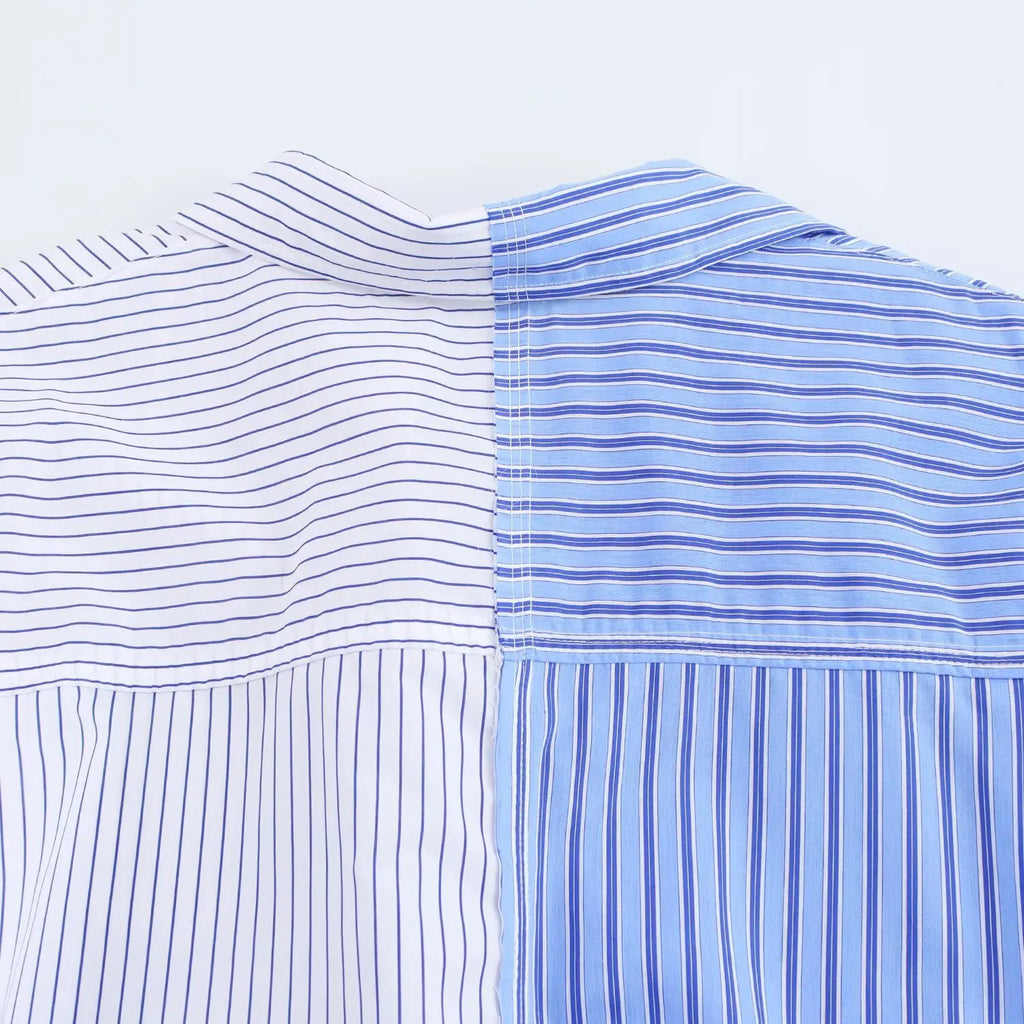 HH Women Elegant Commuter Shirt Splicing Loose Striped Single-breasted Lapel Blouse Female Spring Casual Long-sleeved Top