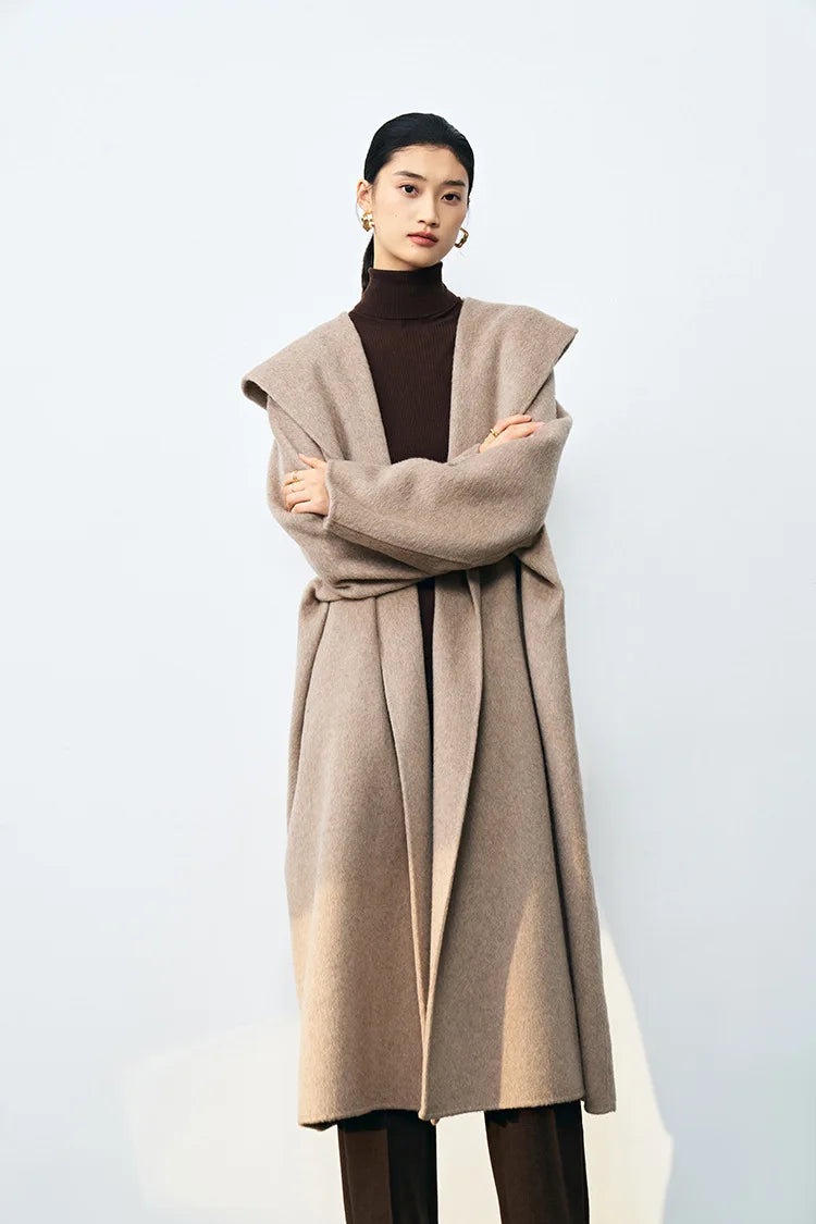 Office Lady Cashmere Woolen Jackets 2024 Autumn And Winter High-Grade Hooded Bathrobe Style Loose Lace-Up Long Women Wool Coats