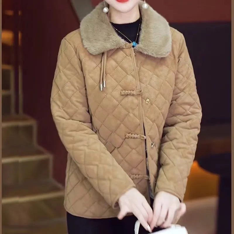 Winter Cotton Coat Women New Female Lapel Warm Parkas Overcoat Cotton-Padded Jacket Quilted Plaid Outerwear