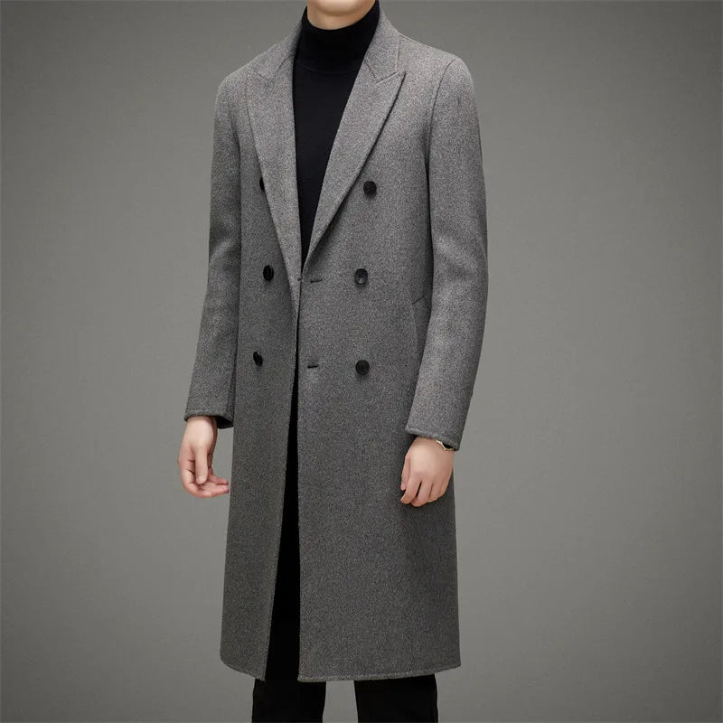 High-end Men's Double-breasted Wool Coat Fashionable Long Wool Knee-length Casual Suit Jacket for Men Peak Lapel Customized Coat