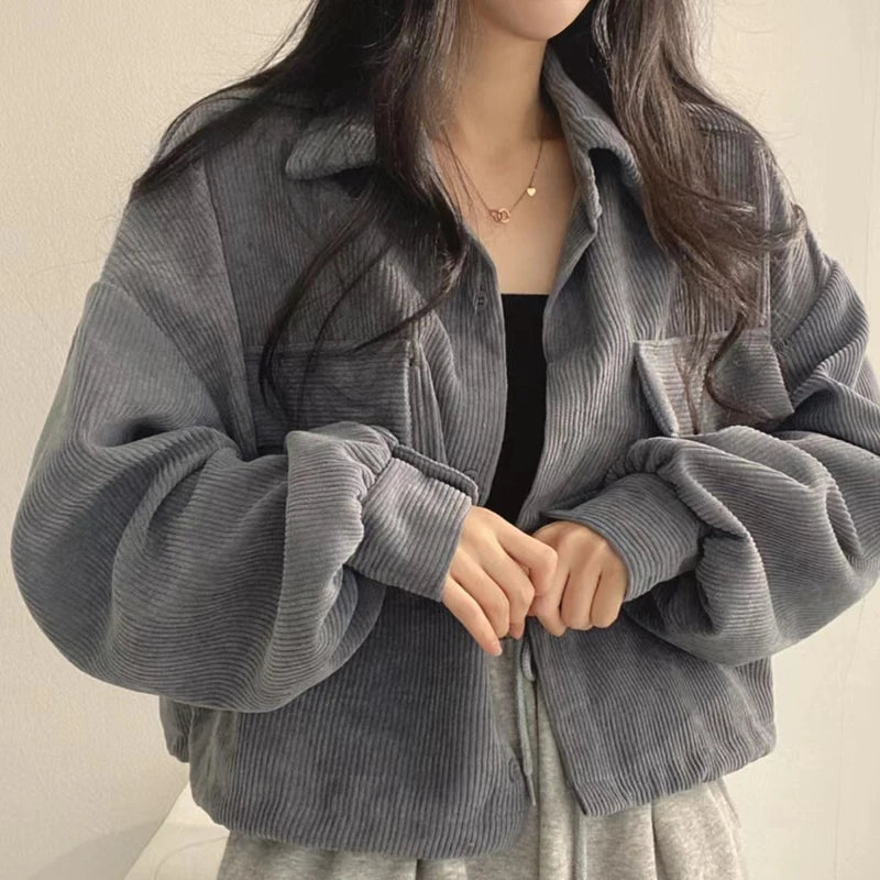 Autumn Casual Button Outwear Top with Pockets Retro Versatile Turndown Collar Long Sleeved Jacket for Women Street Loose Coat