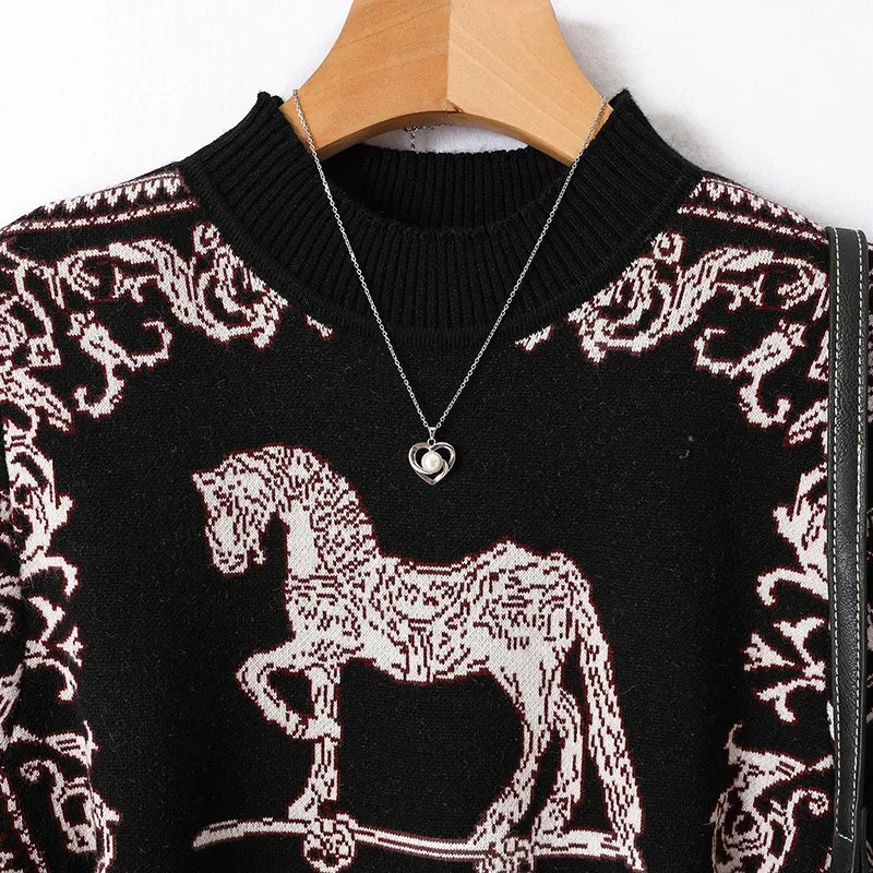 Women's Clothing Fashion Vintage Jacquard Knitted Dresses Autumn Winter Loose O-neck Thick Warm Elegant Dresses