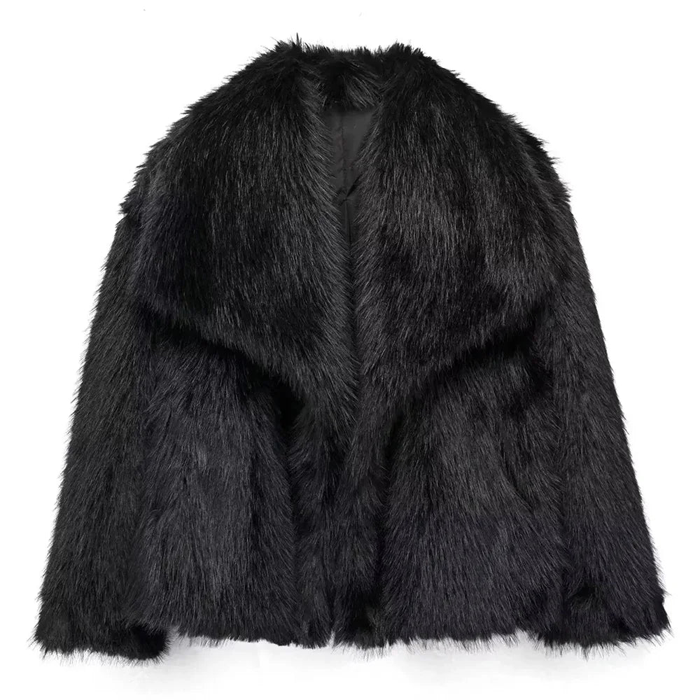 HH Winter Women Casual Faux Fur Lapel Jackets Fashion Solid Oversized Thick Coats Female Fuzzy Warm Long Sleeves Outerwear