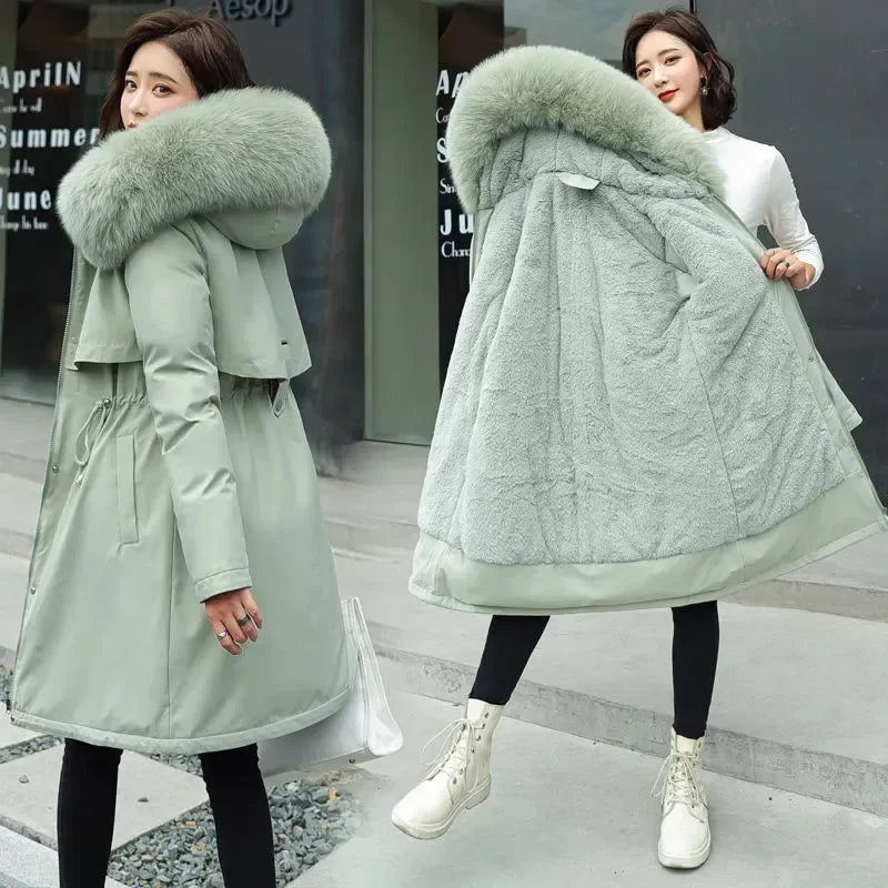 Winter Women Jacket Parkas Warm Casual Parka Clothes Long Soft Tops Hooded Parka Female Fur Lining Thick Pockets Fashion Coat