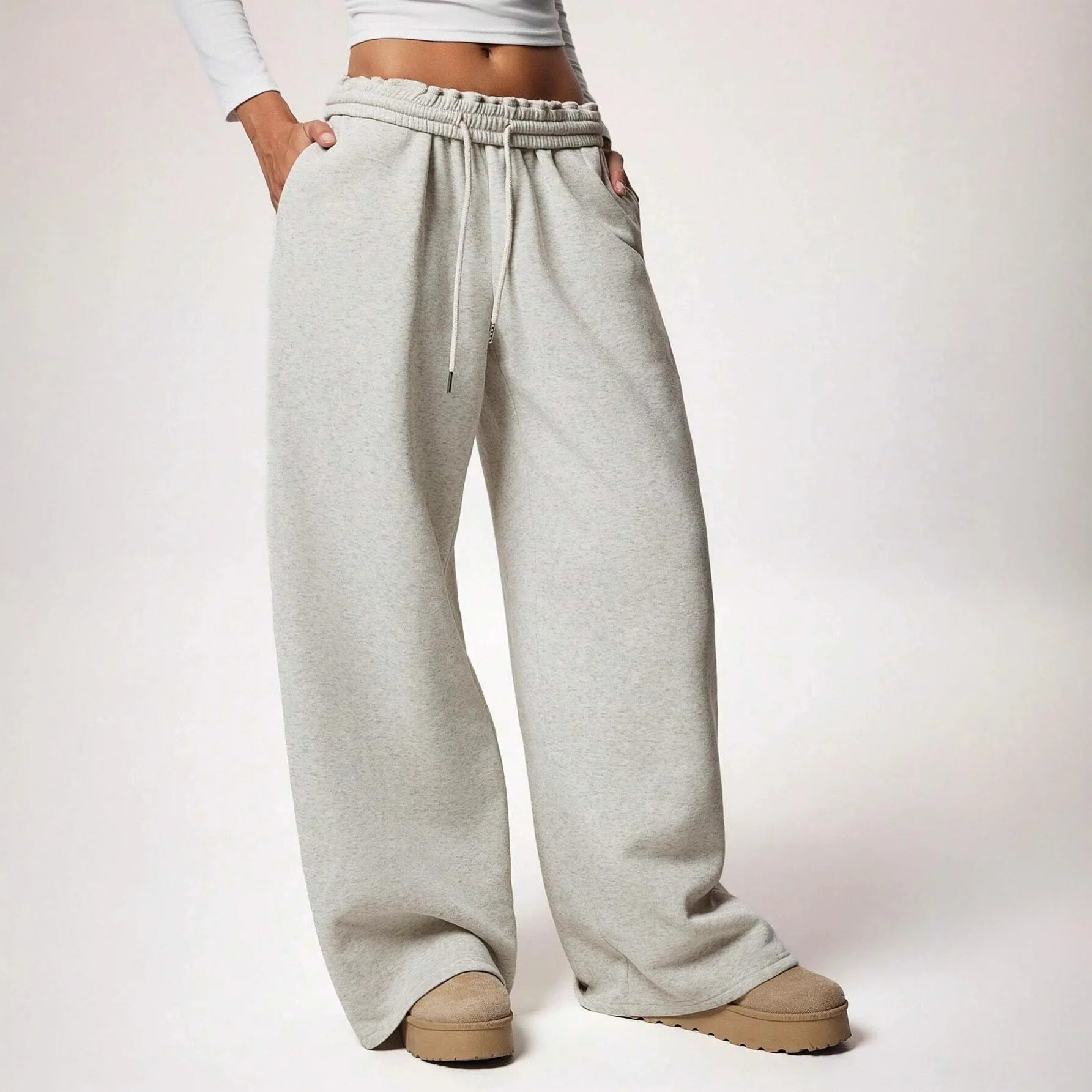 Women Add Velvet Thicken Sweatpants Autumn Female Elastic Waist Pocket Wide Leg Loose Trousers YQFS-OM023