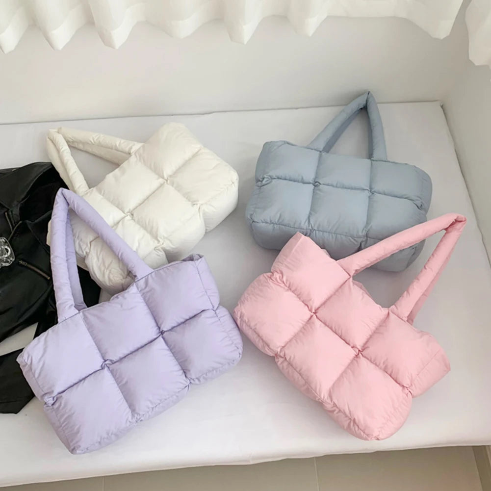 Women Padded Handbag Solid Color Quilted Single Shoulder Bag Large Capacity Soft Cloud Tote Bag Trendy Commuting Bags