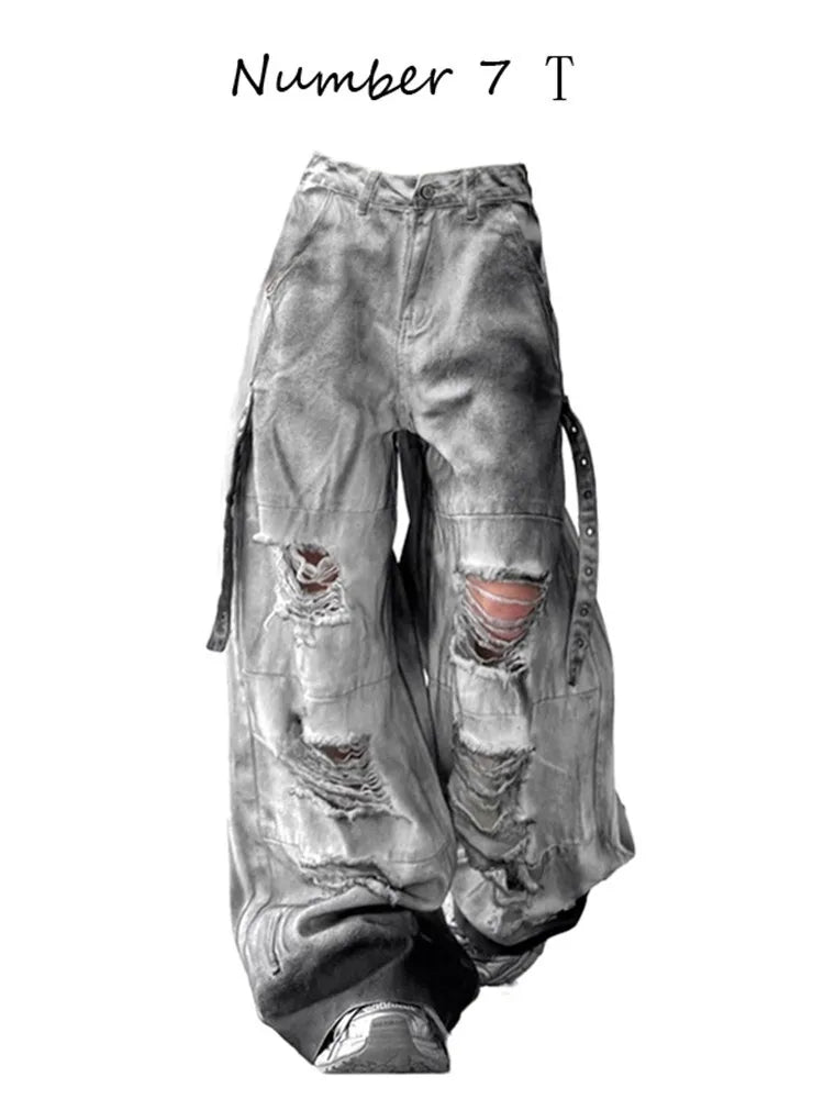 Women Jeans Pants American High Street Ripped Straight Wide-Leg Jeans For Women Design Tie-Dye Jazz Dance Cargo Full Thin Jeans