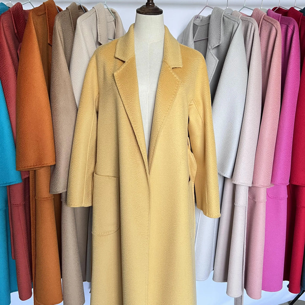 Cashmere Coat Female Winter Mid-Length Corrugated Coat Black Wool Coat Woman Autumn New Casual Fashion Red Beige Lace-Up Coat