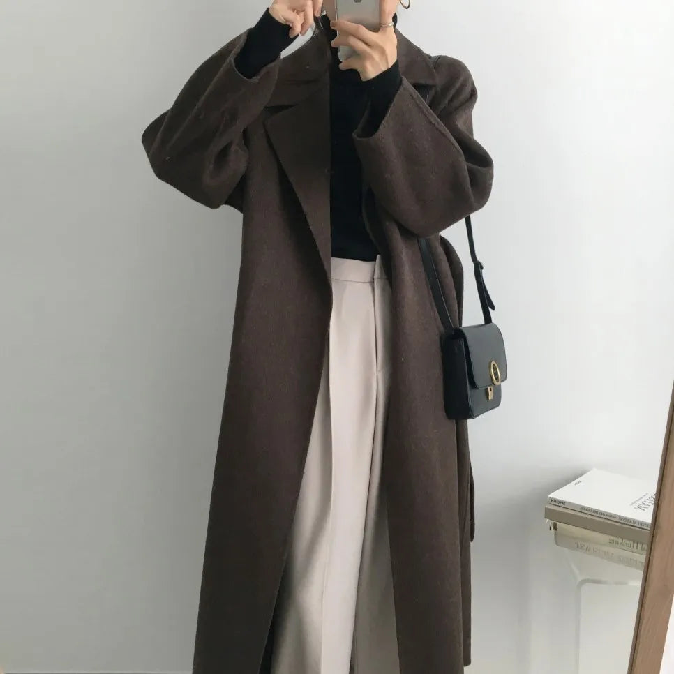Elegant Woolen Coat Women's 2025 Autumn Winter Mid Length Adjustable Waist Thick Casual Long Sleeve Fashion Wool Coats Female