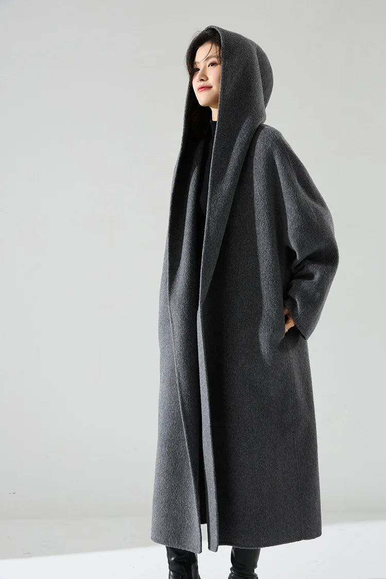 Office Lady Cashmere Woolen Jackets 2024 Autumn And Winter High-Grade Hooded Bathrobe Style Loose Lace-Up Long Women Wool Coats