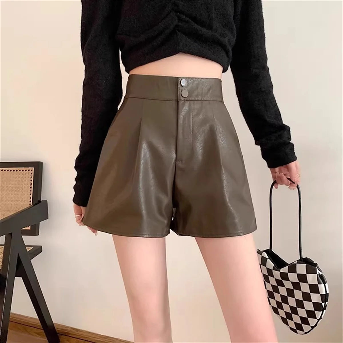 Fashion PU Shorts For Women 2025 Autumn Winter Retro New In Short Pant Solid High Waist Chic Shorts Lady Y2k Casual Street Wear