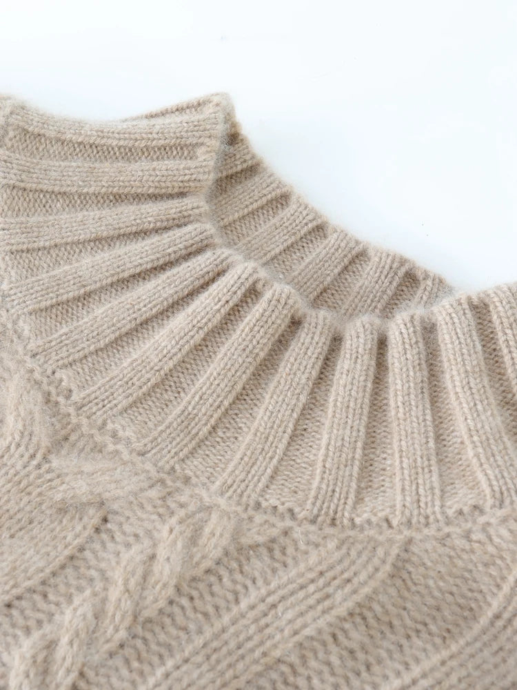 Women 100% Cashmere Sweater Mock Neck Pullover Cable Knitting Vintage Loose Style Thickened Cashmere Knitwear Autumn Winter Tops