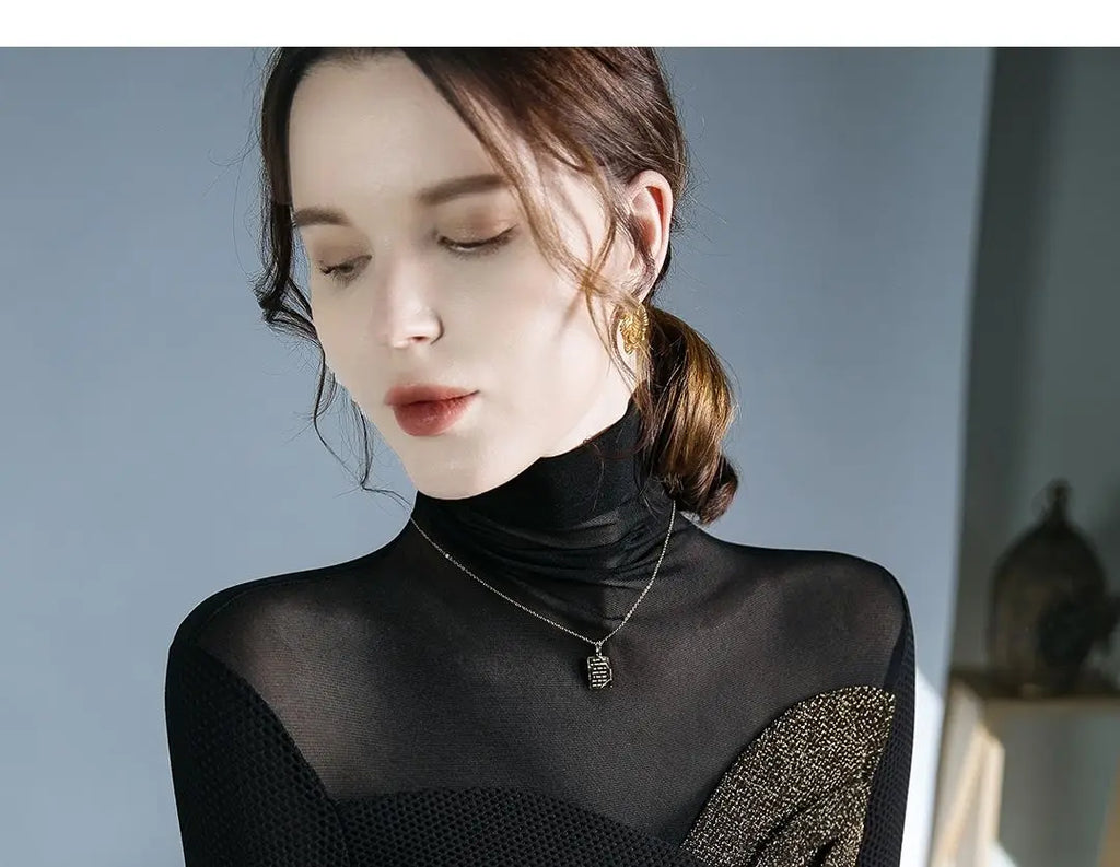 Women's Clothing Sexy See Through Mesh Patchwork Black Basic T-Shirts High Collar Elegant Chic Bright Silk Long Sleeve Slim Tops