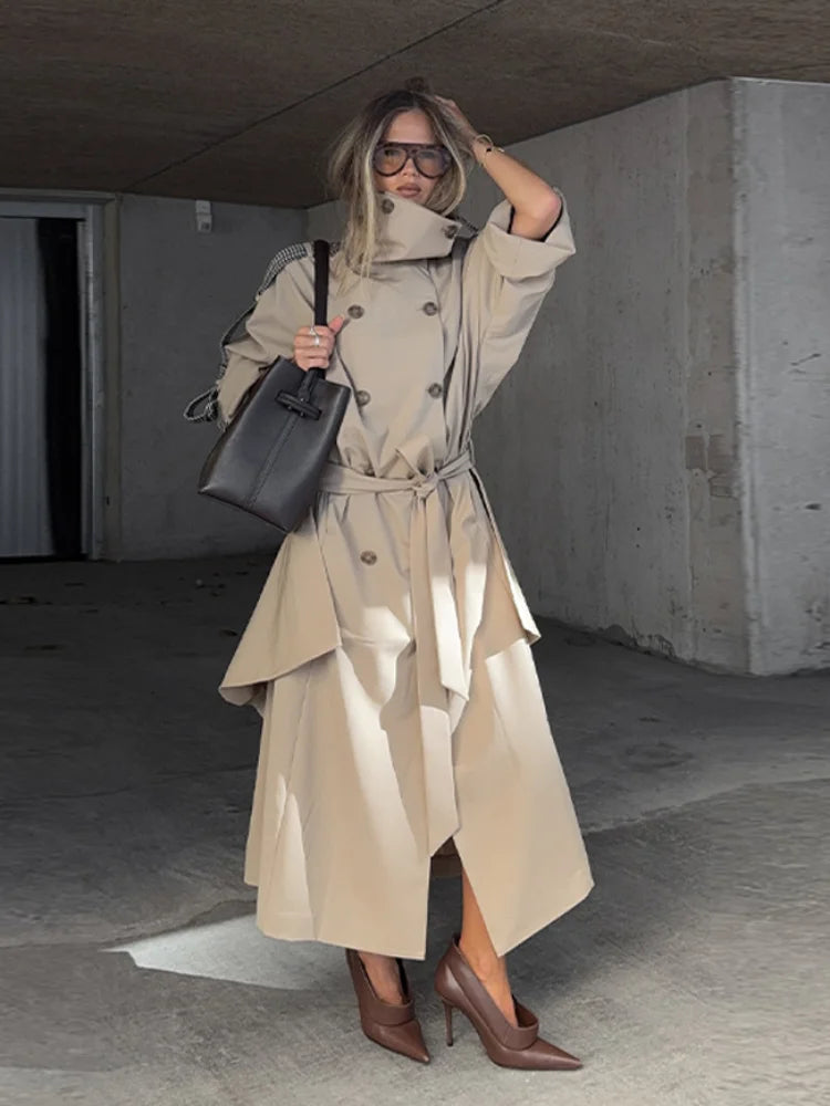 Women's Trench Coat Double Breasted Stand Collar Epaulet Lace Up Long Windbreaker Office Lady Winter Autumn Solid Slim Outerwear