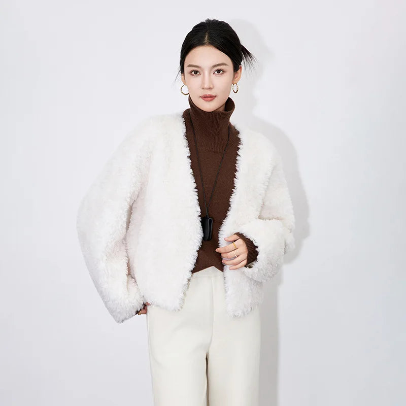 100% Wool Short Jackets for Women 2024 Autumn Winter V Neck Lamb Wool Coat Womens Clothing Fashion Outerwears Casaco Feminino