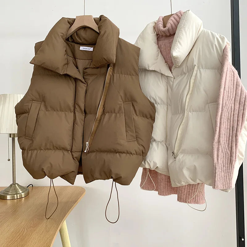 Women's Winter Short down Sleeveless Vest Warm Stand Collar Zipper Jacket Casual Fashion Quilted Cropped Coats Street Outerwear