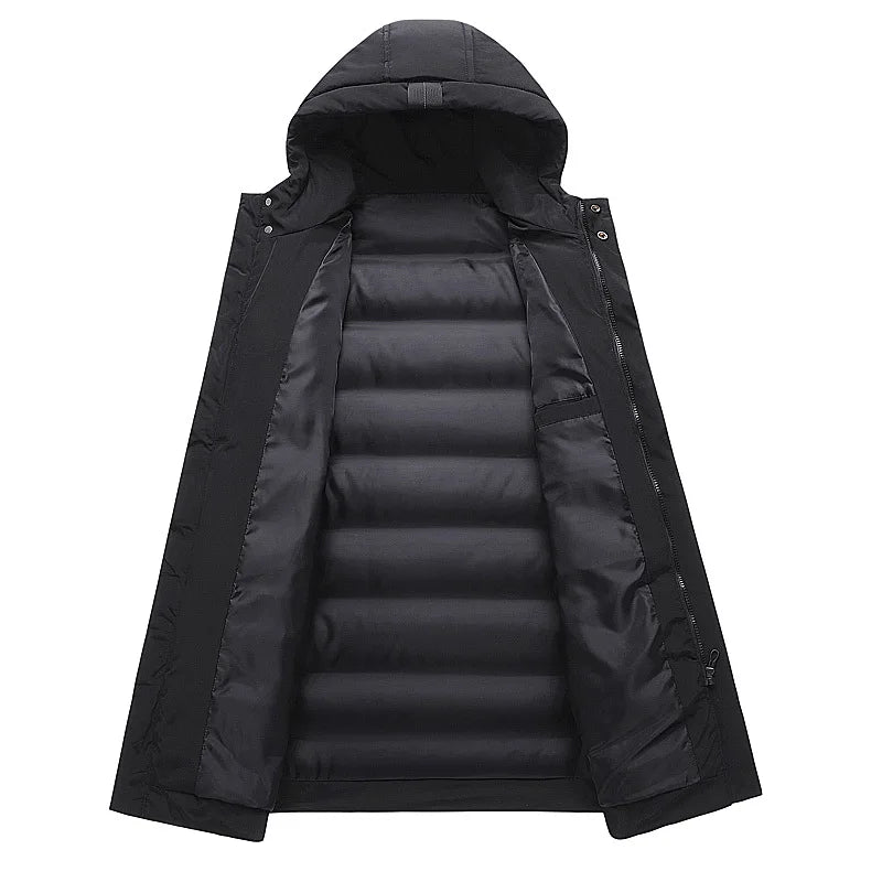 Man Down Jacket Winter Fashion Thicken Solid Color Hooded Male Outerwear Cold-proof Mid Length Long Sleeve Zipper Men Coat