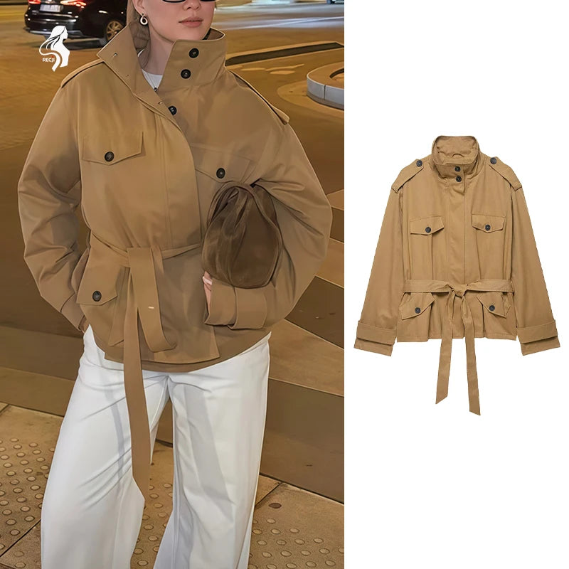 Women Fashion Cinched Waist Short Workwear Jacket Stand Collar Belted Trendy And Versatile Trench Coat Casual Stylish Streetwear