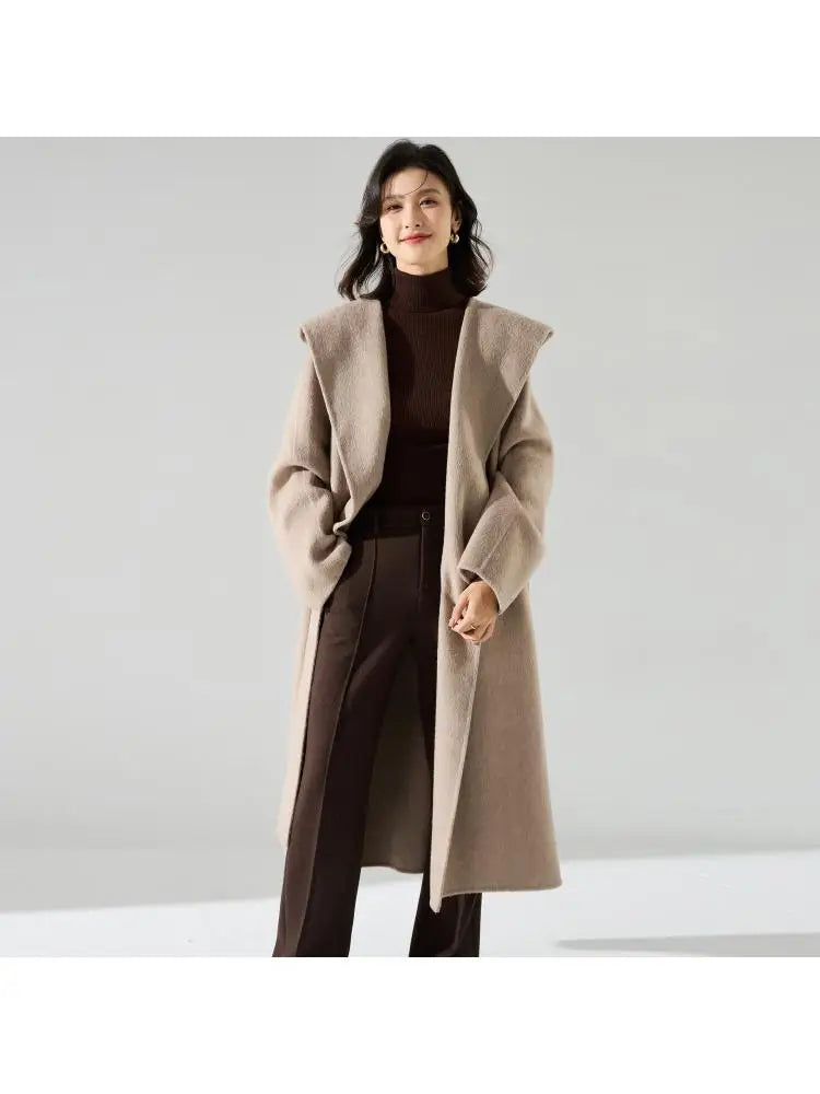 Office Lady Cashmere Woolen Jackets 2024 Autumn And Winter High-Grade Hooded Bathrobe Style Loose Lace-Up Long Women Wool Coats
