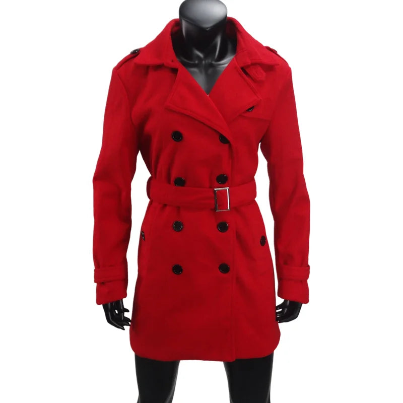 Women's Trench Coat Wool Blends Double Breasted Lining Jacket Belt Shoulder Badge Casual Coats Streetwear Women's Clothing
