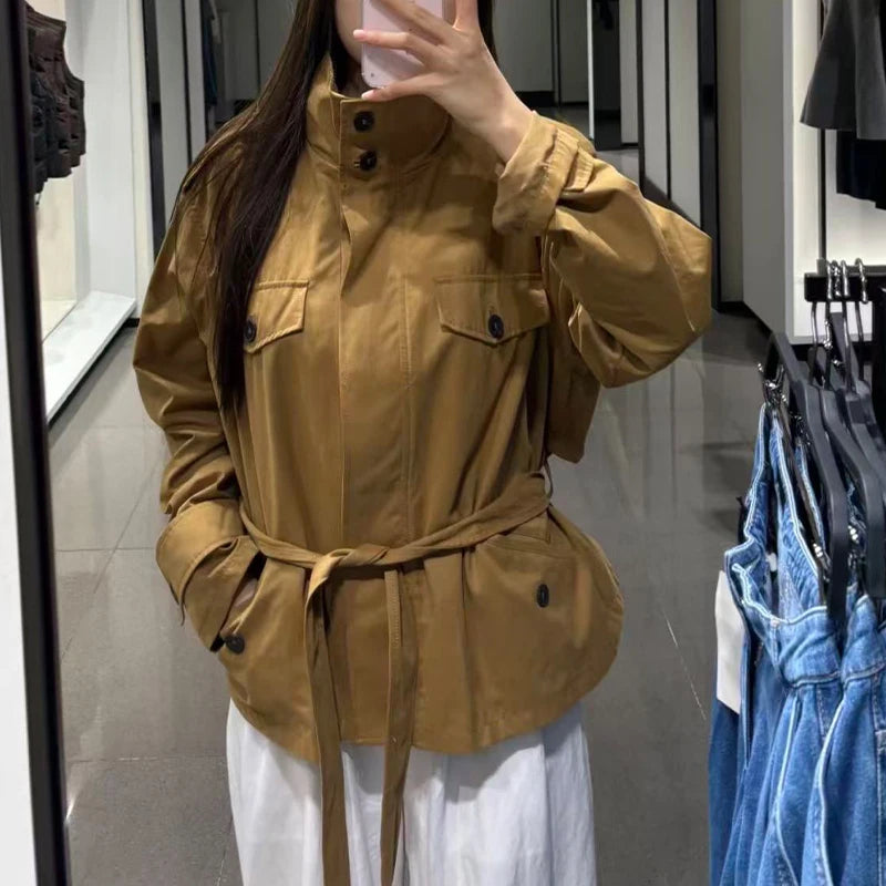Women Fashion Cinched Waist Short Workwear Jacket Stand Collar Belted Trendy And Versatile Trench Coat Casual Stylish Streetwear