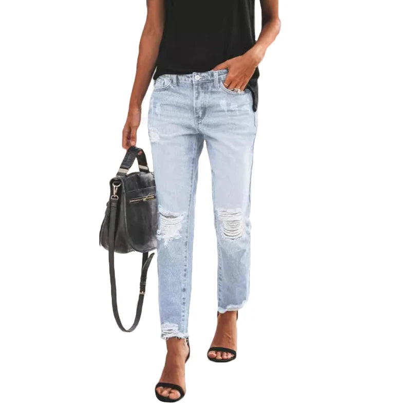 New Women's Slim Jeans Fashion Casual Ripped Denim Pants Spring Autumn Office Lady Work Trousers High-waisted Straight Jeans