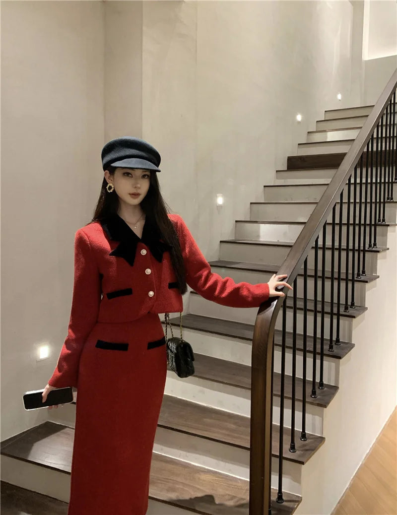 Winter Outfit Women 2024 New Elegant Lady Thickened 2 Pieces Sets Women Sweet Fashion Short Coat High Waist Long Skirt Suits