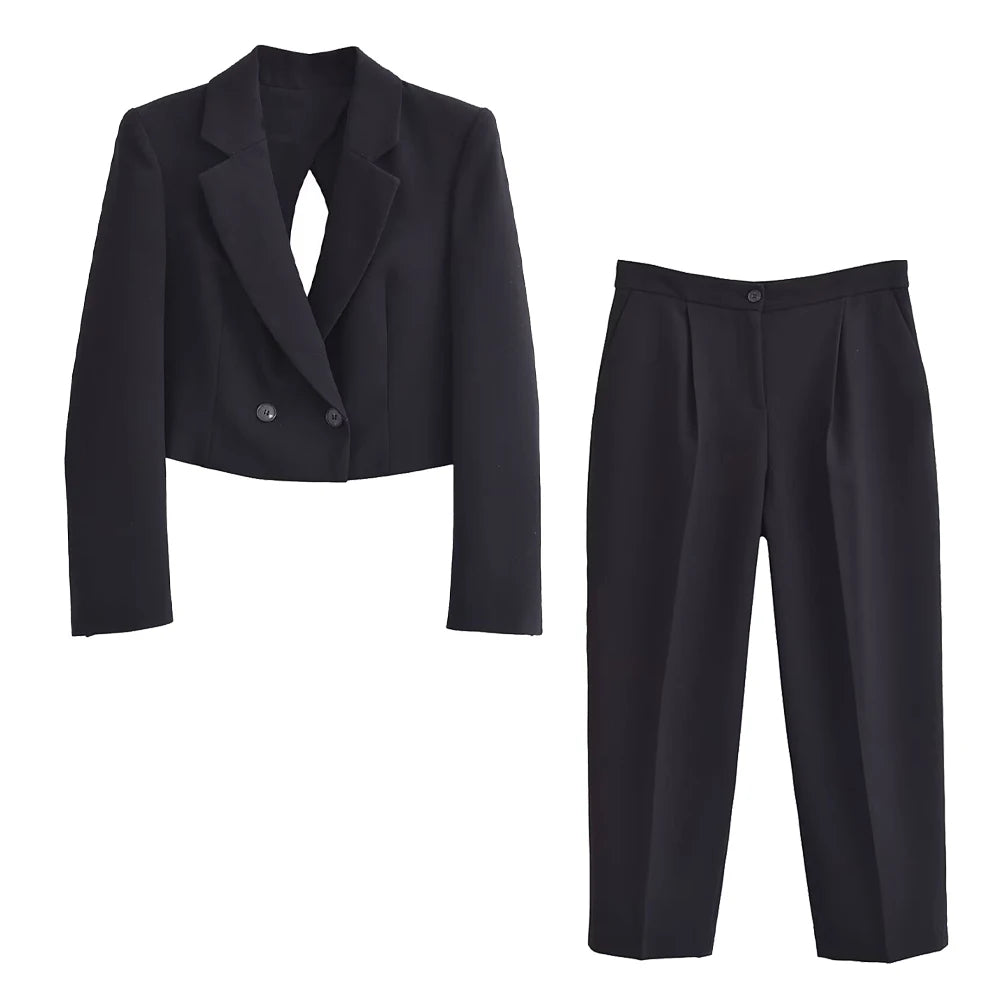 autumn new women's casual long sleeved top with open design, casual suit jacket with pleats and ankle pants set