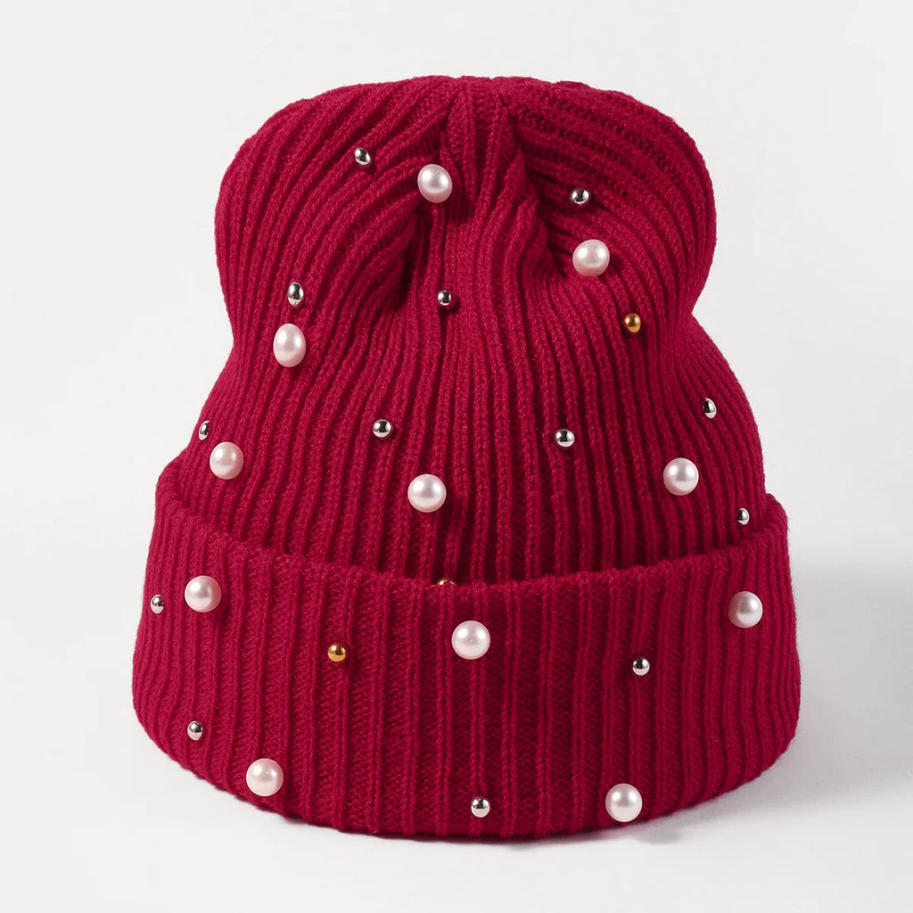 New Autumn And Winter Woolen Hat For Women, Fashionable Pearl Embellishment, Winter Warm Knitted Hat