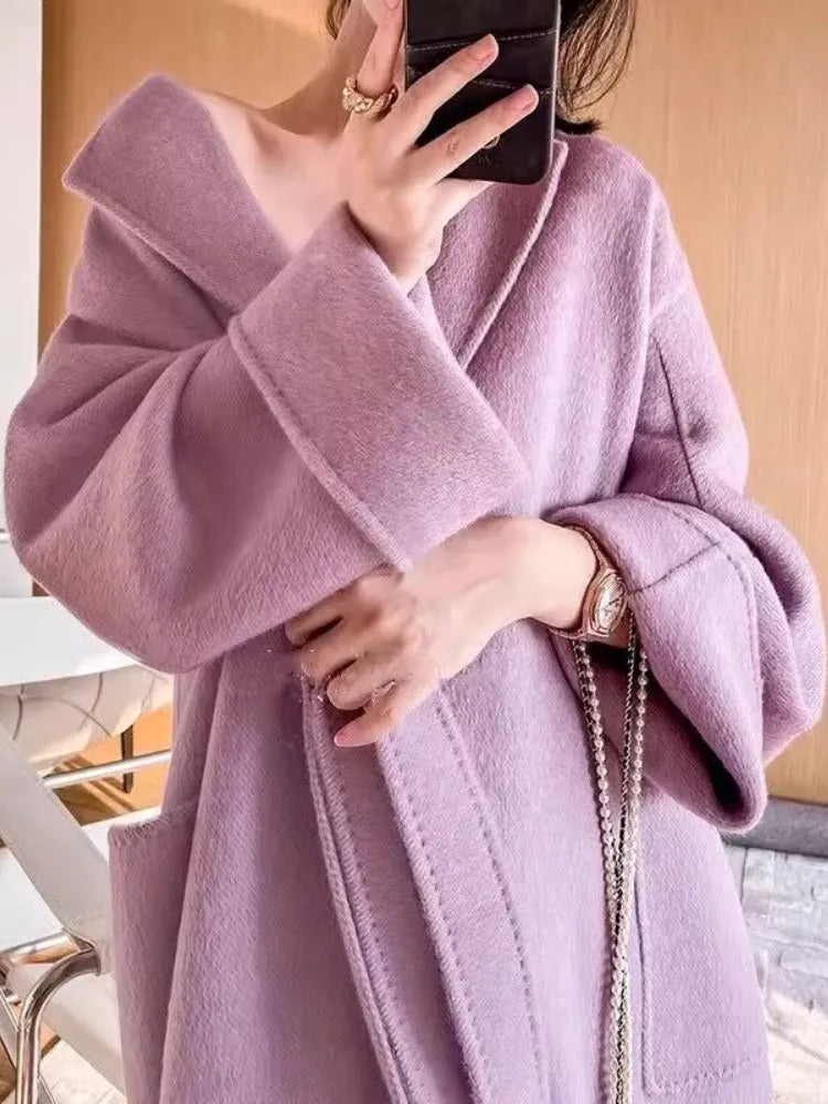 Purple Double-Sided Cashmere Coat For Women In Autumn And Winter, Fashionable And High-End, Loose And Medium Length Coat