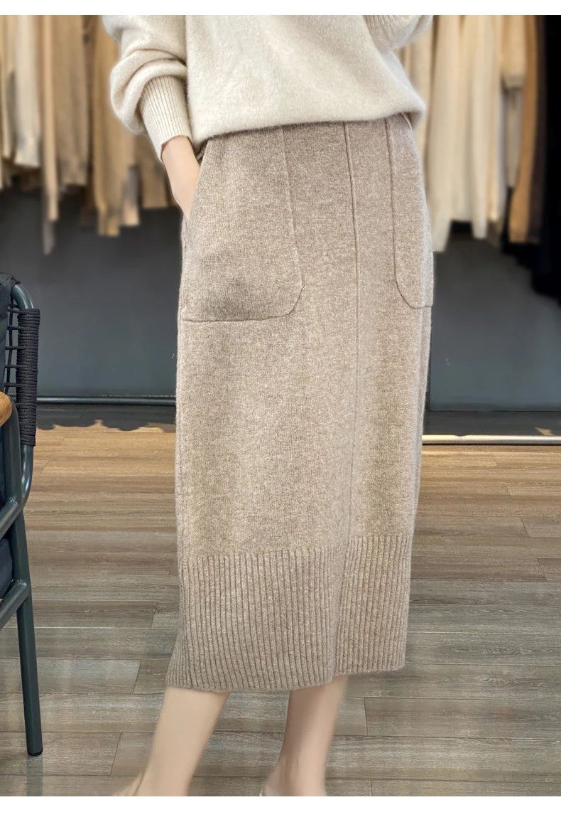 Women's Knitted Cashmere Skirt Double Pocket 100% Pure Wool Commuter Joker Straight Skirt for Autumn Winter New