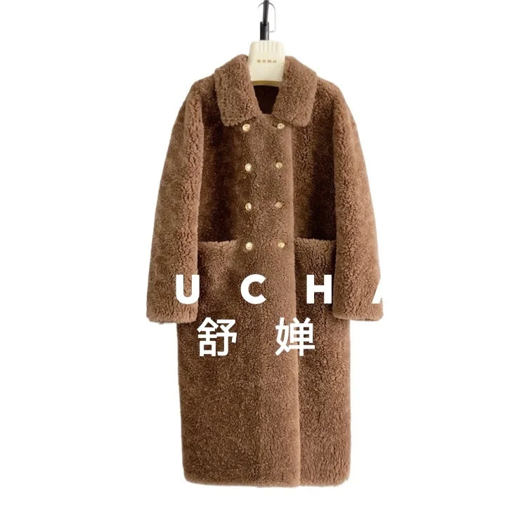100% Wool Coat Women New Warm Sheep Shearing Long Solid Color Long Coat Lamb Wool casacos femininos inverno 2025