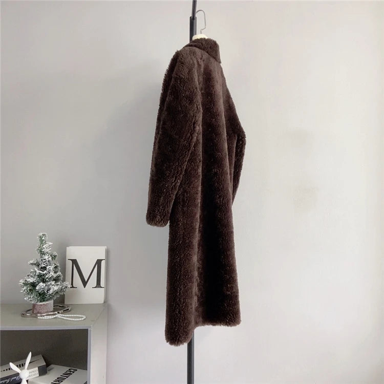 100% Wool Coat Women New Warm Sheep Shearing Long Solid Color Long Coat Lamb Wool casacos femininos inverno 2025