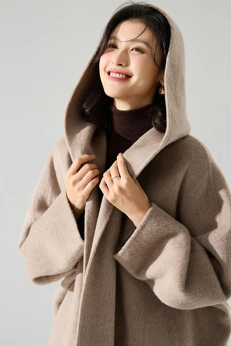 Office Lady Cashmere Woolen Jackets 2024 Autumn And Winter High-Grade Hooded Bathrobe Style Loose Lace-Up Long Women Wool Coats