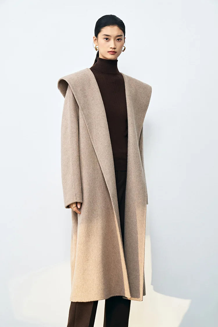 Office Lady Cashmere Woolen Jackets 2024 Autumn And Winter High-Grade Hooded Bathrobe Style Loose Lace-Up Long Women Wool Coats