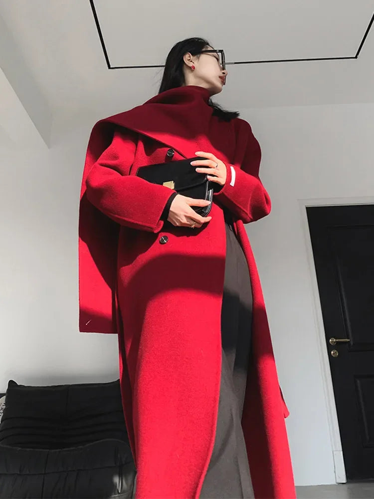 New Hand-sewn Cashmere Wool Coat Women New Mid-length Big Scarf Collar Loose Lace-up Warm Double-sided Wool Coat Fashion Winter